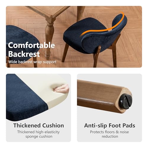 Image of YOUNIKE Dining Chairs Set of 2 Modern Kitchen Dining Room Chairs Navy Blue | Chenille Fabric Upholstered Armless Side Accent Chair with Back Wide Padded Seat Wooden Leg, Soft, Breathable, Comfortable