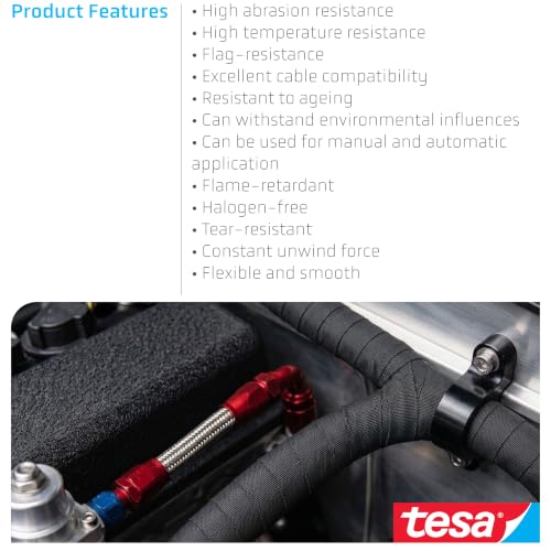 Image of 2 Tesa 51036 PET Cloth High Heat Electrical Tape for Wire Harness, Cables for Automotive Engine, Protect Against High Temperature, Abrasion, Chemical & Fluid | Flame Retardant | Black