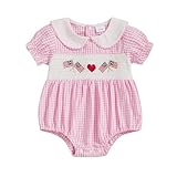 Adobabirl ベビーガール 7月4日 アウトフィット 新生児 アメリカ国旗 スモック バブルロンパース パフスリーブ ジャンプスーツ 愛国的な服, ハートフラッグ-ピンク, 3-6 Months