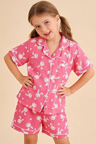 Image of Hupohoi Big Girls Button Down Pajama Set 3pcs Short Sleeve Long Pants with Shorts Crepe Wrinkled Fabric Sleepwear Nighty