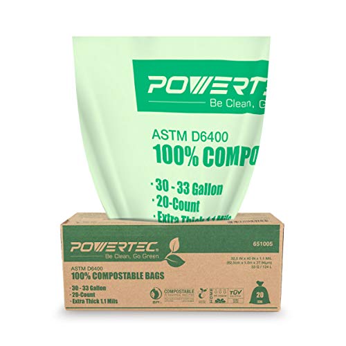 POWERTEC ASTM D6400 Certified Compostable Bags – 20 Count | 124 Liter - 33 Gallon Trash Bags, 1.1 Mil, US BPI and European OK Compost Home Certification - 100% Sustainable Green Products