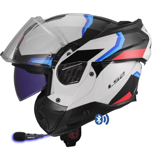 Designed LS2 ADVANT FF910 Bluetooth Sena Intercom Integrado Triple Blanco Azul Rojo   Casco de Moto Modular 180 Grados   Integral P/J + Pinlock   Homologado ECE 22.06 (L)