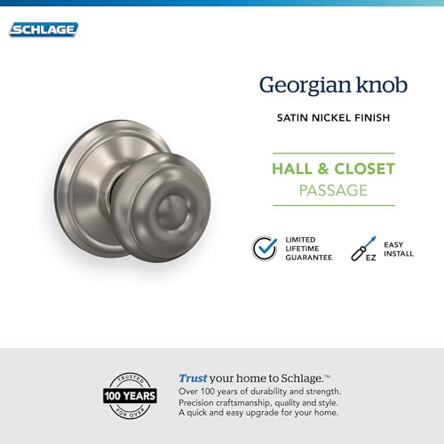Image of Schlage F10 GEO 619 Georgian Door Knob, Hall & Closet Passage Lock, Satin Nickel