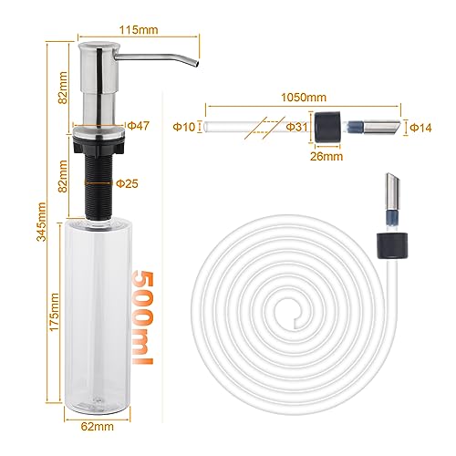 Ibergrif Spülmittelspender Küche Einbau, Seifenspender Einbau für Spülbecken mit 500ML Flasche und 1,0 m Verlängerungsschlauch, 360° drehbarer Pumpe, Gebürstet