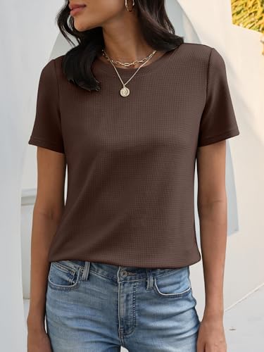 Image of ANRABESS Womens Waffle Knit Tops Short Sleeve Crewneck Shirts Curved Hem Summer Dressy Casual Blouses Spring Fashion Clothing