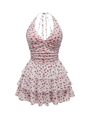 Milumia Women's Fruit Print Ruched Halter Dress Tiered Layered Ruffle Mini Dresses Red and White Medium