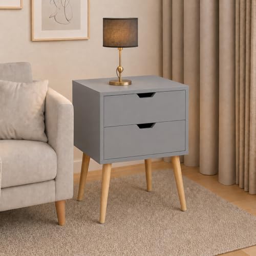 Image of Night Stand,End Table for Bed Nightstand with Drawers, Side Table with Storage, Solid Wood Table Legs,A Shaped Suitable for Small Spaces, Living Room, Bedroom, White (Grey)