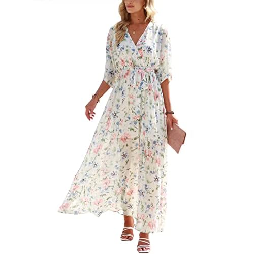 ANRABESS Women’s Summer Loose Boho Flowy Wrap V Neck 3/4 Sleeve Floral Print Slit Beach Wedding Guest Long Maxi Dresses