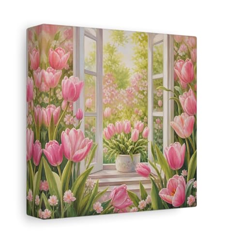Toile tulipes roses decoration salon au-dessus du canape petit tableau carre