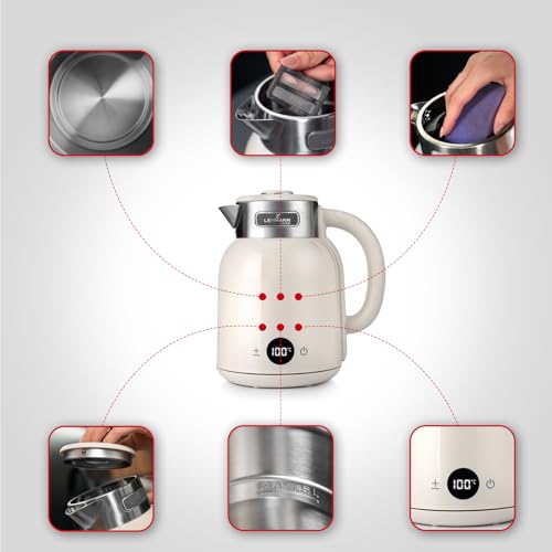 LEHMANN Elektrischer Wasserkocher mit Temperatureinstellung 40-100°C, 1,5L, Warmhaltefunktion, Schnelles Aufheizen, LED-Display, Edelstahl, Abschaltautomatik und Überhitzungsschutz, BPA-frei, Creme