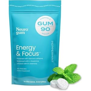 NeuroGum Energy & Focus Gum (90 Count Bag, Peppermint) | 40mg Natural Caffeine + L-Theanine + Vitamin B12 & B6 + Xylitol | Sugar Free Nootropic Cognitive Brain Performance Supplement