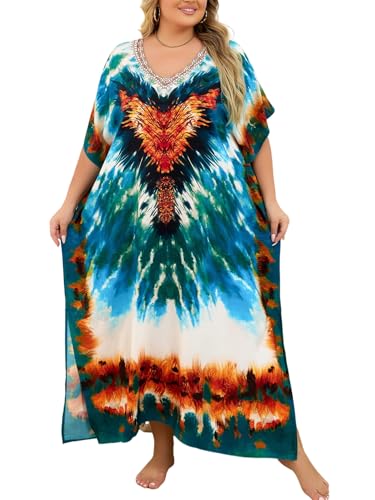 Image of KECVOT Kaftan Dresses for Women V-Neck Print Swimsuit Cover Up Plus Size Beach Caftan Lounge Dress
