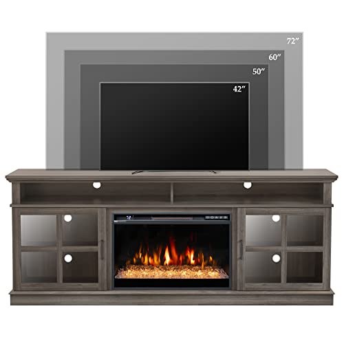 Oxhark Flame 72" Fireplace Tv Stand For Tvs Up To 80", Entertainment Center With 26" Electric Fireplace, 5 Flame Colors Control With Remote, Modern Farmhouse Cabinet Console Glass Door, Grey #TOP2