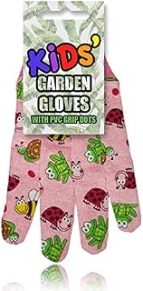 AKH® Kids Garden Gloves | One Size 3+ Years | Cotton Children's Gardening Gloves with PVC Grip Dots for Secure Grip | Kid's Garden Gloves with Colourful Garden Characters Design (Pink)