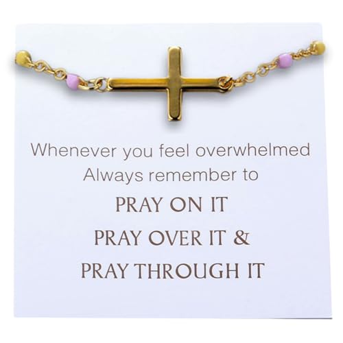 Halukakah Bracelet Croix de Prière Plaqué Or 18k pour Fille,Enfant,Ado - Bijoux Chrétiens pour Confirmation,Baptême,Cadeaux Catholiques - Perles Colorées Artisanales,Bracelet de Foi avec Carte de Pray