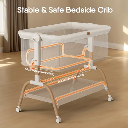 Baby Bassinet Bedside Crib, 3-in-1 Baby Bassinet Bedside Sleeper with Mattress and Soft, Breathable Sheet, Full-Mesh Sides, 6-Height Adjustable, Stable and Secure Crib for Newborns - Image 6
