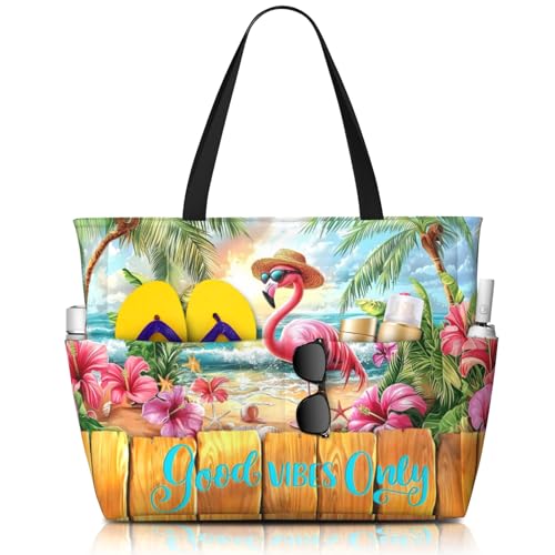 Beach Bags for Women, Large Beach Tote Bag Waterproof Sandproof with Zipper, Lightweight Foldable Swim Pool Bag