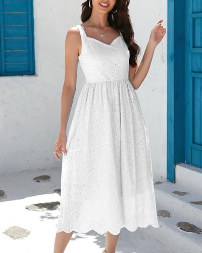 Image of Women Hollow Out Eyelet Dress 2025 V Neck Tank Sleeveless Midi Dress A Line Cute Casual Beach Vacation Dresses