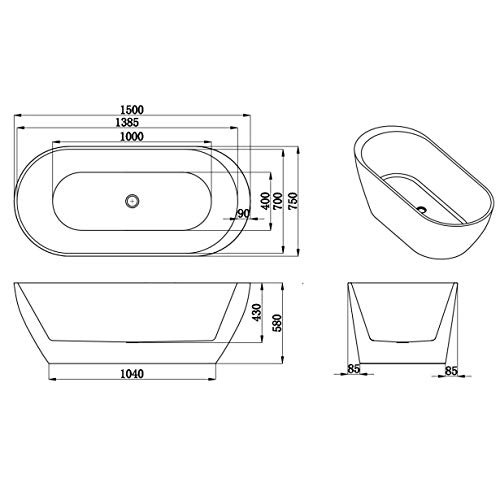i-flair Freistehende Badewanne FRISANGE Design - aus Acryl in Weiß – verschiedene Größen (150 x 75 cm)141