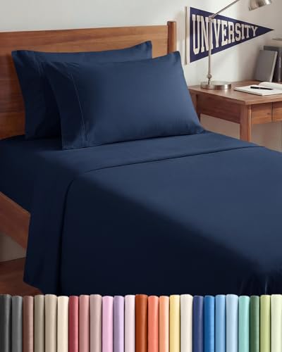 Image of Twin XL 4 Piece Sheet Set - College Dorm Room Essentials - Navy Blue | Ultra Soft Dorm Bedding Set, 8 inch to 16 inch Inch Deep Pockets, 1 Flat & 1 Fitted Sheet & 2 Pillowcases, Wrinkle & Fade Free