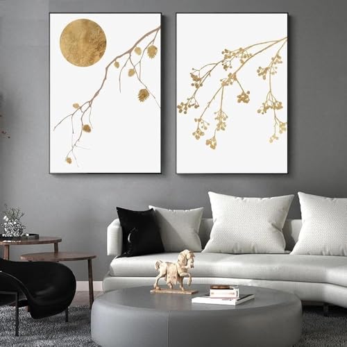 Lienzos geométricos abstractos de luna blanca y dorada para decoración de interiores moderna