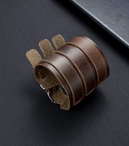 Tornito 1-2Pcs Genuine Leather Bracelet Punk Spike Studded Rivet Braided Chain Biker Bangle Three Wide Strap Gauntlet Wristband For Women Men Black Brown Size Adjustable4