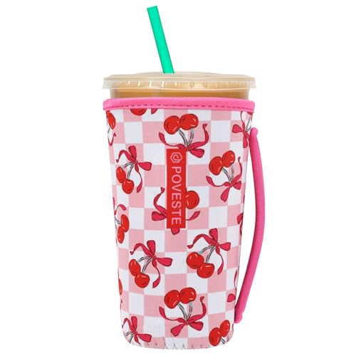 Image of Reusable Neoprene Insulator Sleeve for Iced Coffee & Cold Soda, Coffee Sleeves for Iced & Hot Drinks, Cold Beverage Cooler Compatible with Starbucks, Dunkin (Bow&Cherry, Large: 32oz)