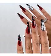 Halloween Press on Nails Medium Coffin Fake Nails Blood Spectre Glitter False Nail Full Cover Fak...