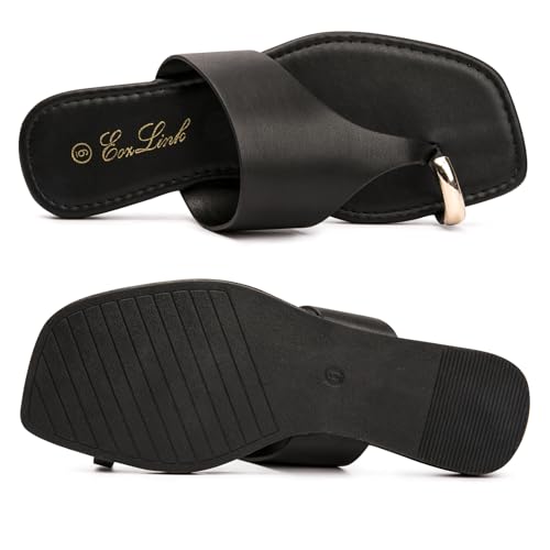Image of Eozlink Women's Toe Ring Flat Sandals, Slip On Dressy Summer Slides | PU upper with square toe and metal accent for resort and casual outfits