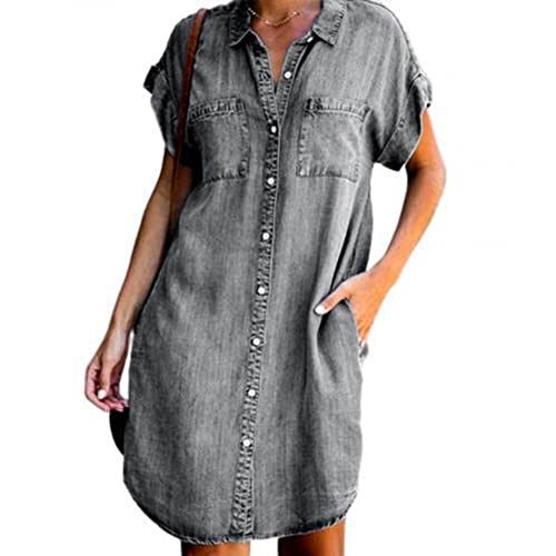 Denim-Hemdkleid für Damen, kurzärmelig, Used-Look, Knopfleiste, lässiges Tunika-Top, grau, 46-48