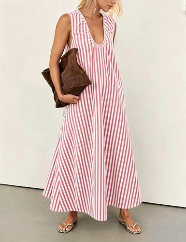 Image of Livtany Women's Scoop Neck Ruched Maxi Dress Flowy Swing Wide Straps Long Dress Casual Sleeveless Sundress with Side Pockets