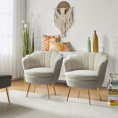 Image of HULALA HOME Modern Velvet Accent Chairs Set of 2 with Shell Shaped Back, Cute Living Room Bedroom Armchairs Sofa Chairs with Gold Legs, Comfy Upholstered Vanity Chairs for Makeup Room, Tan