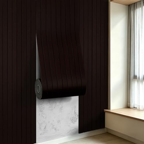 Image of 3D Peel and Stick Wall Panels PVC Grille Slat 197 inchx15.8 inch Self-Adhesive Wall Sticker Soundproof Paneling for Walls and Ceiling in Faux Brown Wood Grain Texture