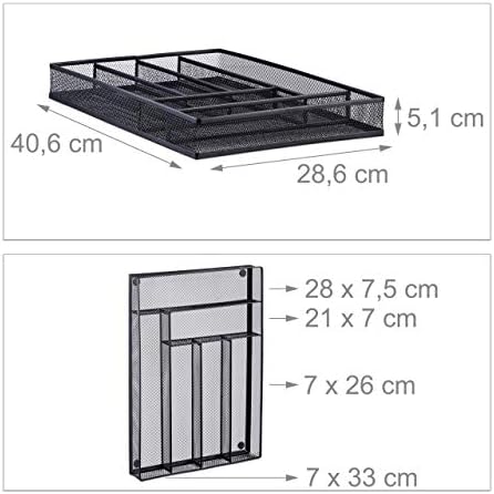 Relaxdays Skrzynka na sztućce duża metalowa siatka, otwarta wkładka na sztućce, wzór z drutu, rozmiar L, wys. x szer. x gł. : 5,1 x 28,6 x 40,6 cm, czarna