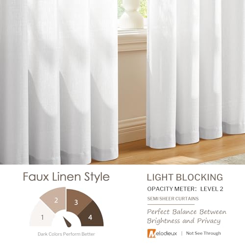 Image of Melodieux White Semi Sheer Curtains 96 Inches Long for Living Room - Linen Look Bedroom Rod Pocket Voile Drapes, 52 by 96 Inch (2 Panels)