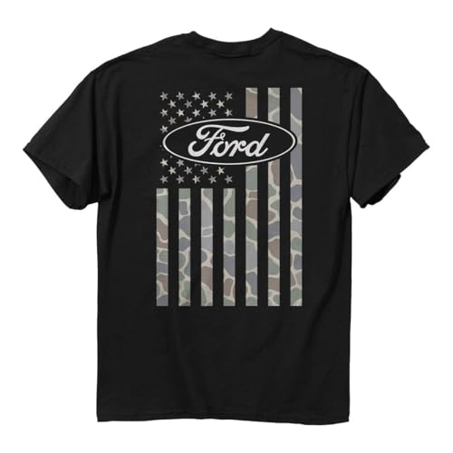 Ford Short Sleeve T-Shirt, Black | Camo Flag, Logo Design | 100% Cotton