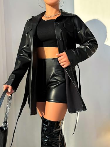 Faux Leather Jacket Women Trench Coat Long Button Jacket Open Front Motorcycle Coat with Belt3