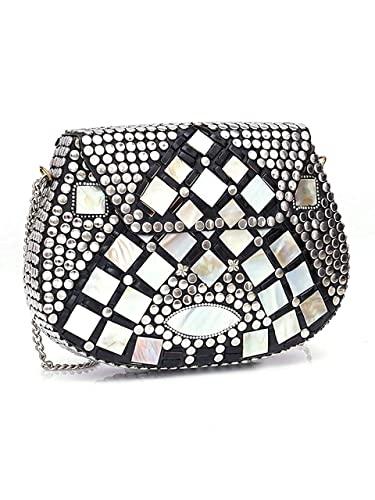 अyashilp Silver Shell Nacre Stone Bag – Ethnic Clutch with Antique Purse Design and Mosaic Metal Purse for Girls/Women