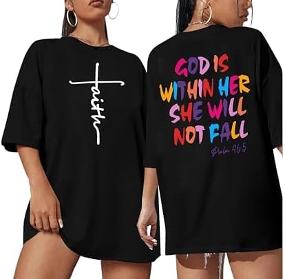 Oversized Christian Tshirts for Women God is Within Her Tops Jesus Faith Shirts Bible Verse Inspirational Graphic Tees