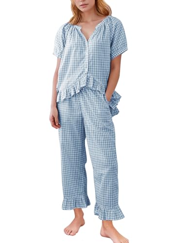 Flygo Womens Plaid 2 Piece Pajamas Sets Gingham Button Down Puff Sleeve Babydoll Shirt Ruffle Pants Y2K Pjs Lounge Set