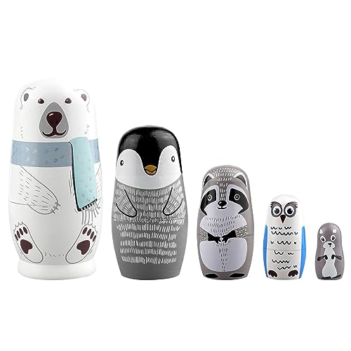 WRLCOVA Russian Nesting Dolls Wooden Toys Cute Russian Dolls Polar Bear Owl Penguin Gifts Dolls for Educational Learning Kids Toys Christmas Birthday Decoration (5pcs)