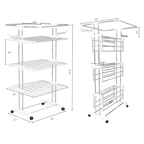 Image of H Houseware Foldable Clothes Drying Stand | 4-Tier Stainless Steel Heavy-Duty Laundry Rack with Wheels & Hanger Slots | Rust-Proof Clothes Dryer for Indoor & Outdoor Balcony Use(White)