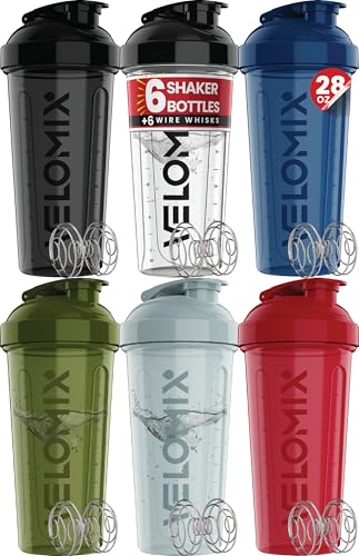 Image of VELOMIX -6 PACK- 28 oz Protein Shaker Bottle for Protein Mixes -6x Wire Whisk | Leak Proof Shaker Cups for Protein Shakes | Large, Stackable Protein Shaker Bottle Pack