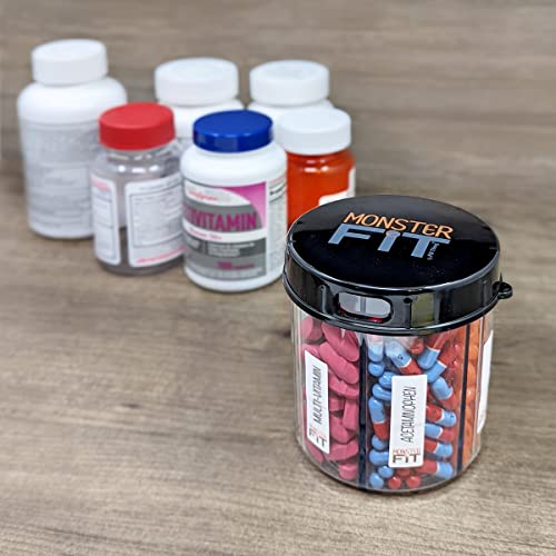 Image of Supplement Pill Dispenser Bottle, 6 Compartment, Labels, Easy Open, Anti-Mixing, Monthly Vitamin Organizer, Monster Fit Jr Medication Holder (Clear, Small)