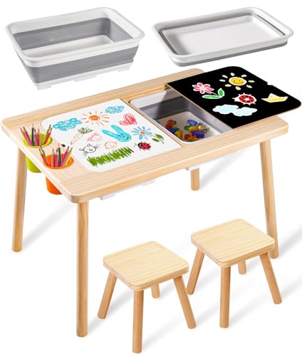 Purelax Children's Sensory Table with 2 Stool, Multifunction Toddler Play Sand Table Indoor Art Table Drawing Table for Kids, Toddler Sensory Table with 2 Storage Bin, 2 Stool, 2 Pen Holder