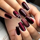 Coffin Press on Nails MediumLength Fake Nails Coffin Shape False Nails with Floral design Stick on Nails Full Cover Red Acrylic Artificial Nails Gel Glue on Nails for Women Reusable Nail Decor24pcs