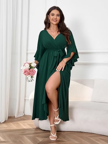 Cicidudu Womens Plus Size Dress Wedding Guest Cocktail Ruffle Half Sleeve Wrap V Neck Slit A Line Maxi Dresses With Belt Emerald Green thumb #3