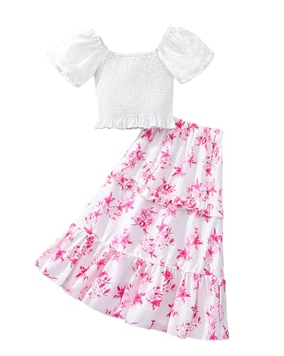Image of Girls 2PCS Shirred Puff Sleeve Ruffle Hem Top Blouse and Floral Print Elastic Waist Long Ruffle Hem Skirt Sets