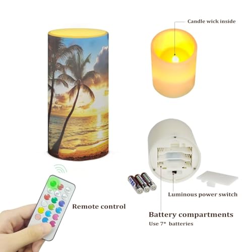 Image of Poceacles Flameless Candle Flame Effect Realistic LED Lights, Battery Operated Flameless Table Lamp with Timer Remote Colors Changing Hawaii Home Decor, Hawaiian Palm Tree Gold Sunshine