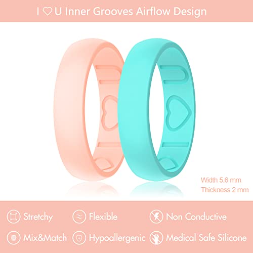 Silicone Ring Women - Heart [I Love U] Pattern Airflow Flow Grooves Breathable Rubber Wedding Bands for Women - 8 Rings / 4 Rings2